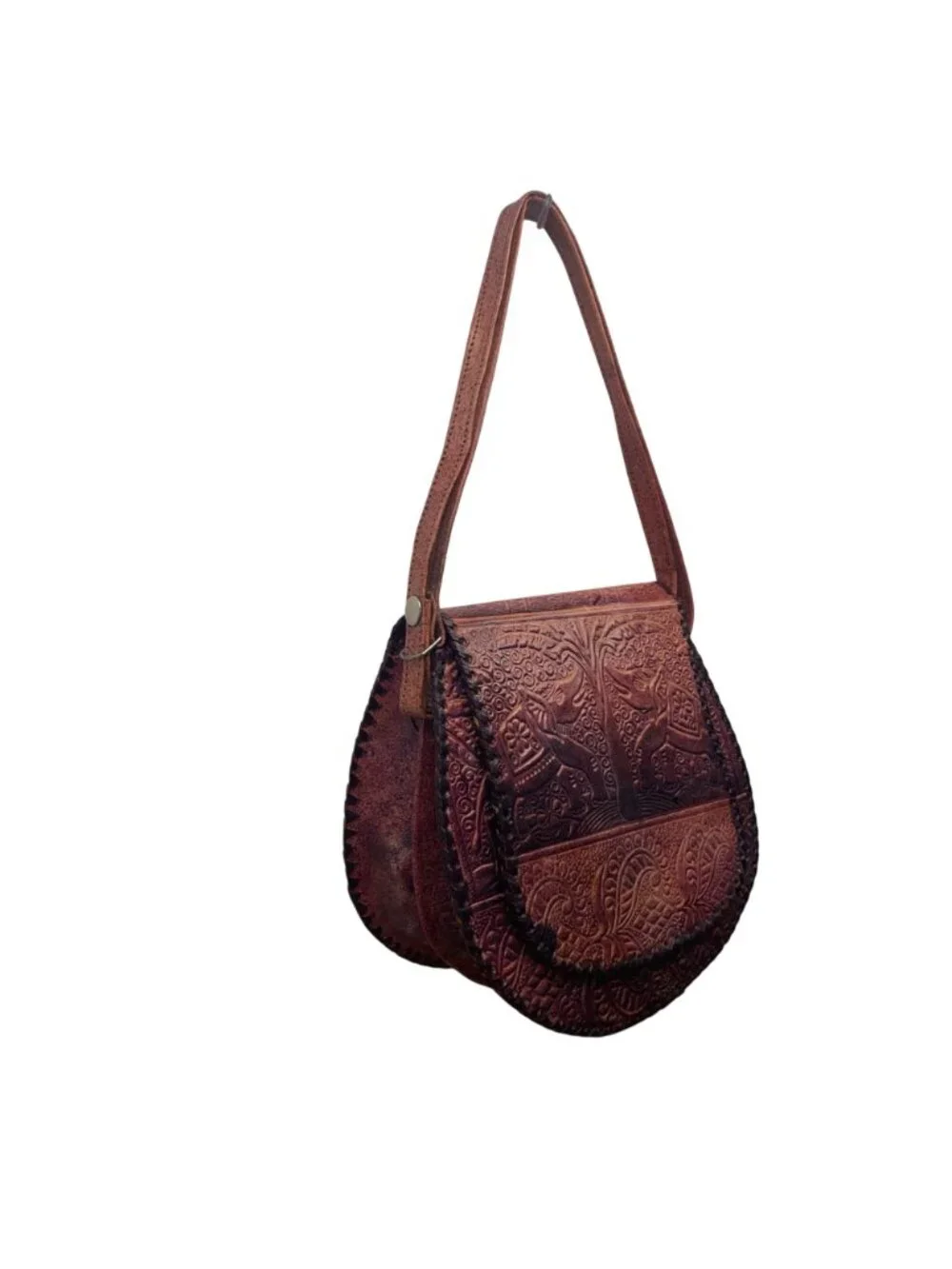 Women’s Brown Elephant & Tree Embossed Leather Shoulder Saddle Bag